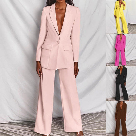 2pcs Casual Suit Lapel Button - down Blazer Jacket And Straight - leg Pants Office Commuting Business Trousers Set Clothing - Clothesfassion.store