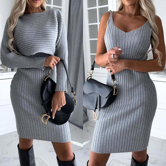 2pcs Suit Women's Solid Stripe Long - sleeved Top And Tight Suspender Skirt Fashion Autumn Winter Slim Clothing - Clothesfassion.store