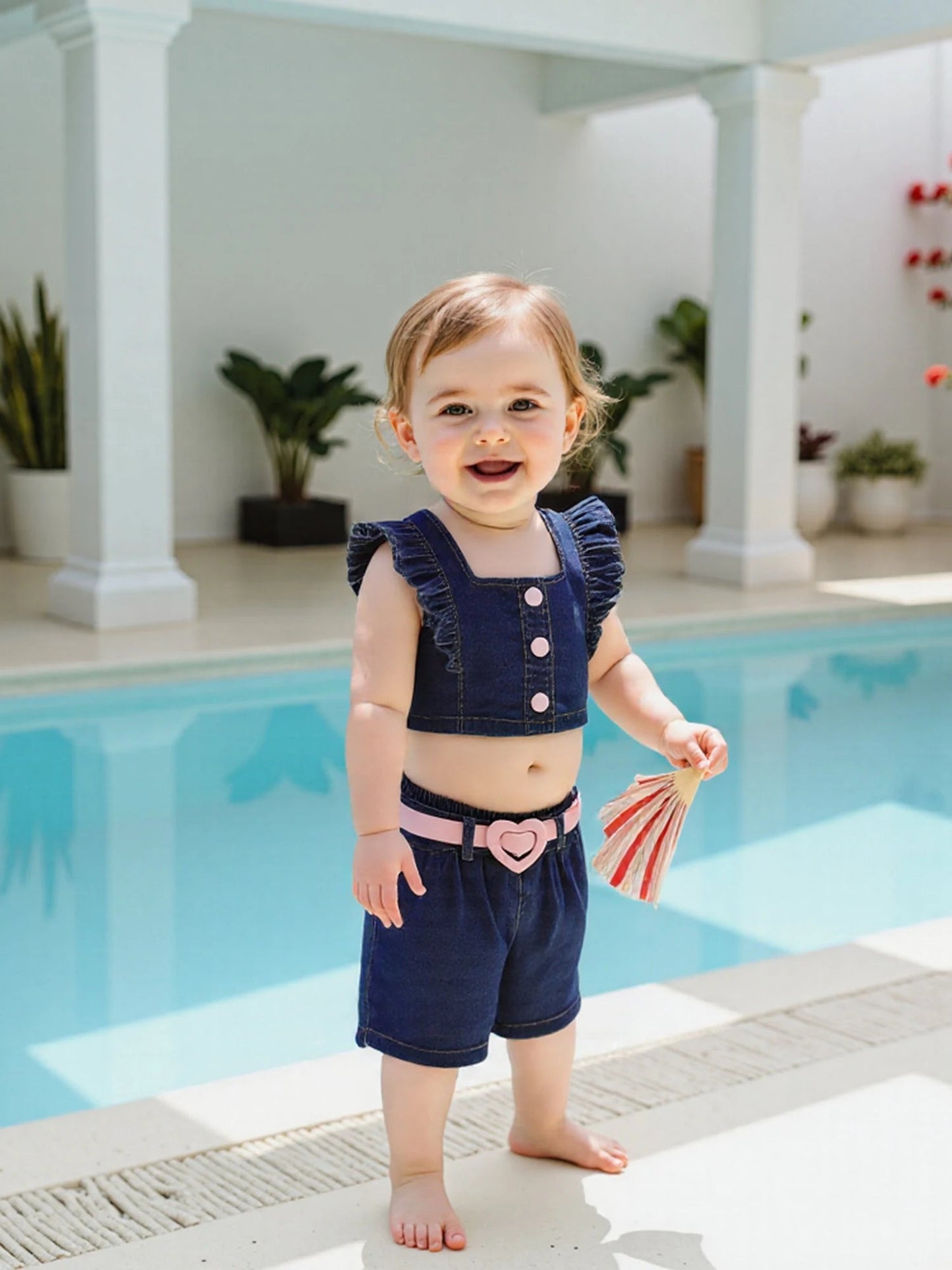 Adorable Baby Girls Summer Outfits Ruffle Sleeve Denim Blouse and Elastic Waist Denim Shorts with Belt - Fashionable Matching - Clothesfassion.store