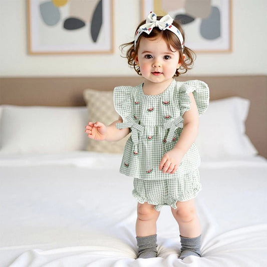 Adorable Infant Girl s Summer Ensemble with Cute Watermelon Embroidered Plaid Flutter Sleeve Blouse and Matching Shorts 2 - Clothesfassion.store