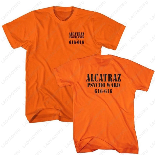 Alcatraz Psycho Ward T-Shirt Prisoner Halloween Orange Tees Costume Halloween Outfit for Men Convict Summer Casual Cotton Tops - Clothesfassion.store