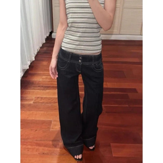 American Retro Low Waist Wide Leg Jeans Women's Summer Autumn Loose Drapey Tall Extended Length Hot Girls Wide Leg Pants - Clothesfassion.store