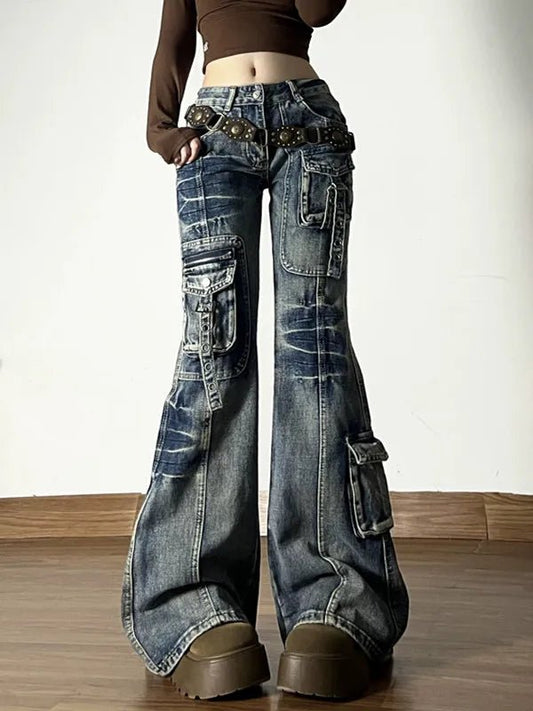 American Vintage Street Style Y2K Jeans Women's High - street Multi - pocket Cargo Flared Floor - grazing Jeans Casual Punk Long Pants - Clothesfassion.store