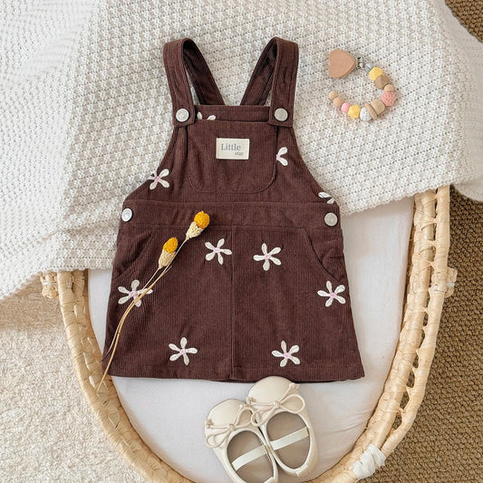 Autumn New Cute and Simple Baby Corduroy Flower EmbroideryStrap Skirt Lace Edge Pocket Lace Strap Newborn Baby Girls Clothes - Clothesfassion.store