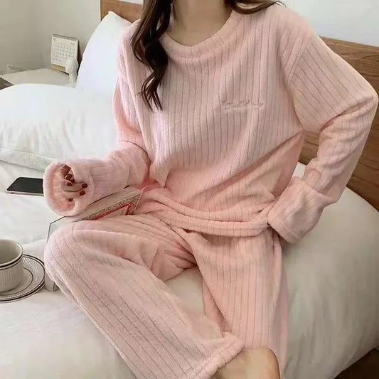 Autumn Women Solid Warm 2 Piece Sets Thicken Velvet Ribbed Fleece Set Pullover And Pants Women Casual Pajama Sets 2024 - Clothesfassion.store