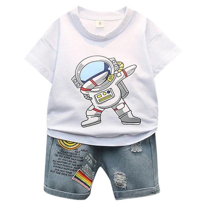 Baby clothes summer children's cartoon short sleeved set boys aged 0 - 5 solid color T-shirt denim shorts two - piece casual sportsw - Clothesfassion.store