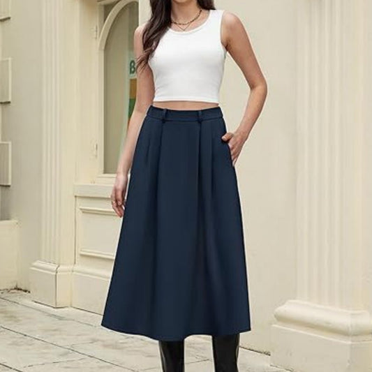 Business - casual Flared A - line Pleated Skirt With Pockets - Clothesfassion.store