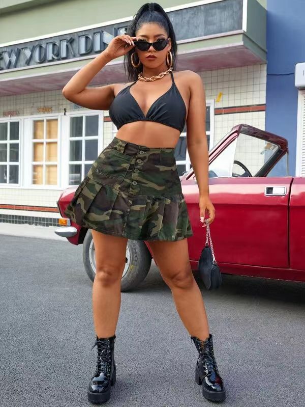 Camouflage Pleated Pocket Button Mini Skirt - Clothesfassion.store