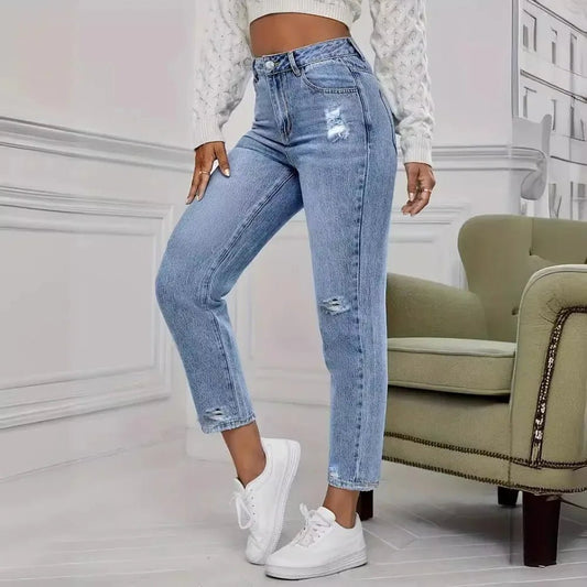 Casual Washed Ripped Jeans for Women Spring and Summer New Fashion Straight Nine Minutes of Pants Women - Clothesfassion.store