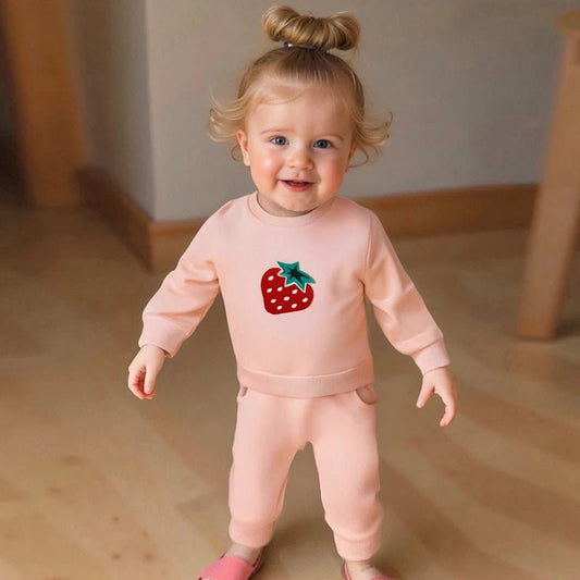 Cute Toddler Girl Autumn Ensemble Adorable Strawberry Embroidered Crew Neck Sweatshirt with Matching Long Pants 2 - Piece Set - Clothesfassion.store