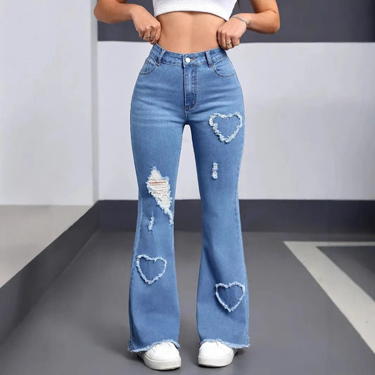 Denim Flared Pants Women Hole Jeans Boot Cut Distressed 2026 Streetwear High Waist Stretch Washed Vintage Full Length Trousers - Clothesfassion.store