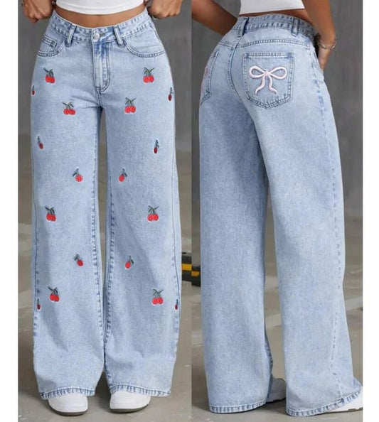Denim Wide Leg Pants Women Jeans Embroidery High Waist Distressed Washed Mom Pockets Vintage Floor Length Trousers Streetwear - Clothesfassion.store