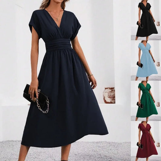 Dresses 2026 Woman Summer Solid - Color V - Neck Batwing - Sleeve Pleated Long Elegant Dress Woman Clothing Tops Skirts Y2k Clothes - Clothesfassion.store
