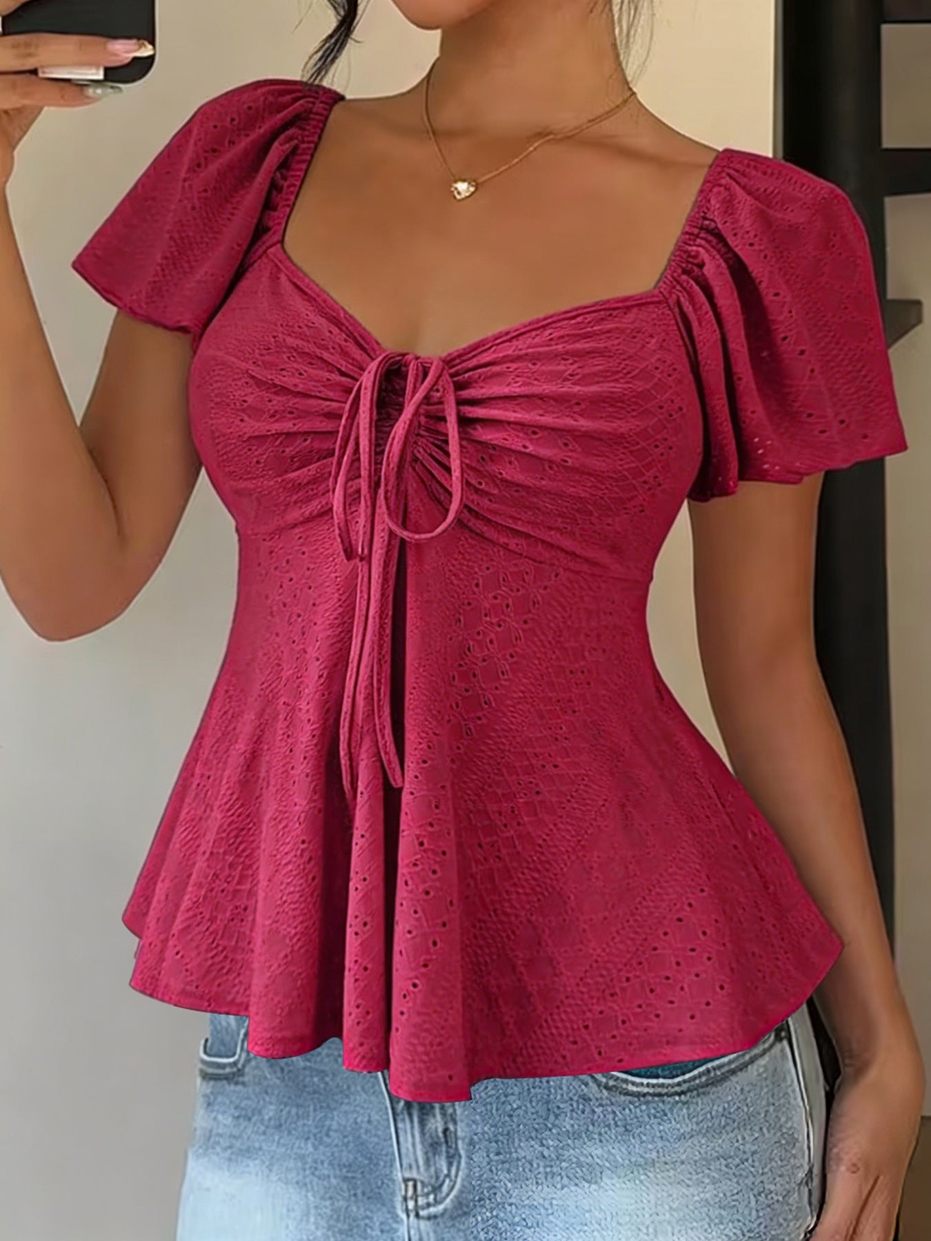 Euramerican V-neck Drawstring Tie-up Top - Clothesfassion.store