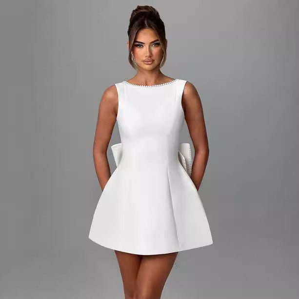 Fashion Big - Bowed Pearls Backless Dress Summer Slim Sleeveless A - line Dresses For Party Evening Women's Clothing - Clothesfassion.store