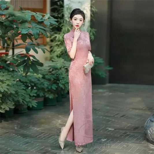 Female Large Size 6XL Maxi Dress Summer Lady Fashion High Fork Long Dresses 2025 Women Solid Color Five Divide Sleeves Cheongsam - Clothesfassion.store