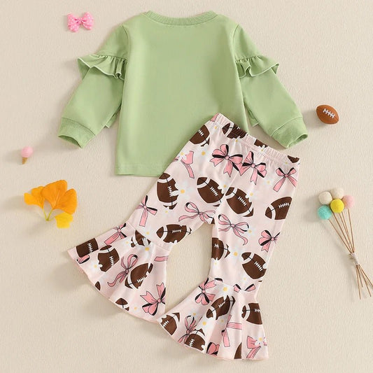 Girls 2 - Piece Outfit Floral Print Sweatshirt with Bow Detail and Rugby Print Flare Pants Set for Kids - Clothesfassion.store