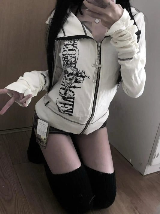 Harajuku Y2k Gothic Hooded Coat Women 2025 Autumn New Casual All - match Jackets Subcultural Japanese Black Tops Mujer Sweatshirt - Clothesfassion.store