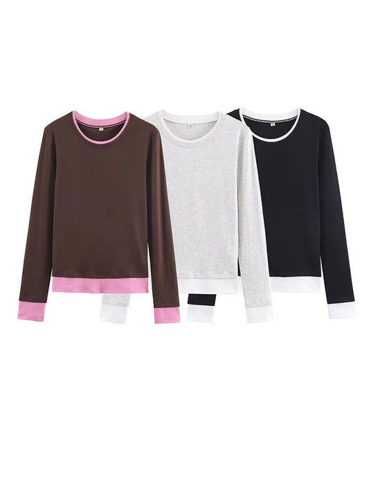 HH Spring Woman Elegant Solid 3 - Color Round Collar Double Contrast Tops Female Casual Long Sleeves Versatile Slim T-shirt - Clothesfassion.store
