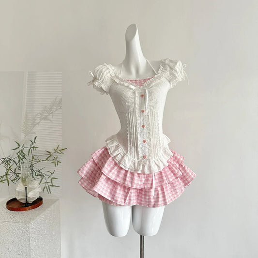 Japanese Kawaii Lolita Elegant 2 Piece Sets Women Pink Y2k Bow Design Mini Skirt Suit Female Princess Sweet Chic Outfits Summer - Clothesfassion.store