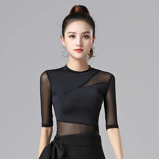 Ladies Dance Tops For Women Ballroom Latin Yoga Crop Tops Shirt Adult Female Sexy Mesh Mid - sleeve Blouse Dance New Black Clothes - Clothesfassion.store