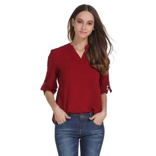 Large size 5XL blouse long - sleeved V - neck elegant ladies chiffon shirt top fashion office work shirt - Clothesfassion.store