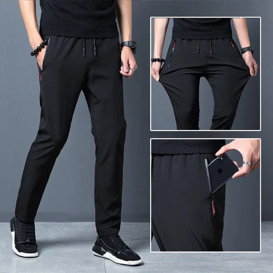 Large Size Men's Summer Pants Big Size Ice Silk Stretch Breathable Straight Leg Pants 6XL Quick Dry Elastic Band Black Trousers - Clothesfassion.store