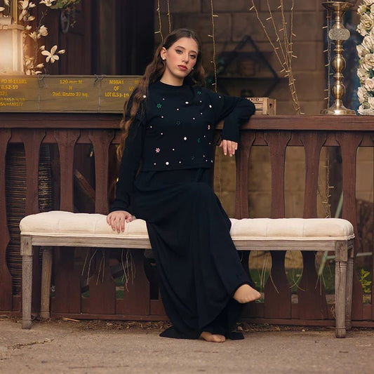 Maxi dress women long sleeve lady dresses flowers and pearls top causual dress round neck black modal ribbed top sizes XS - XXXL - Clothesfassion.store