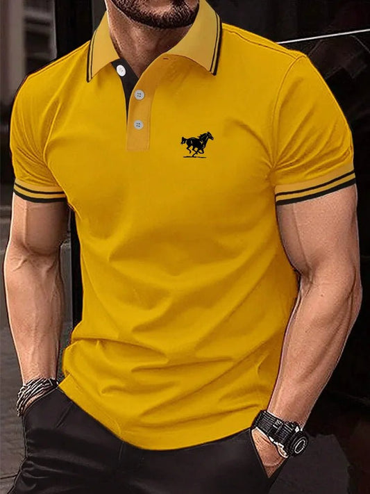 Men Horse Print Striped Trim Polo Shirt Short Sleeve Basic Modern Solid Color Golf Shirt Men's Clothing - Clothesfassion.store