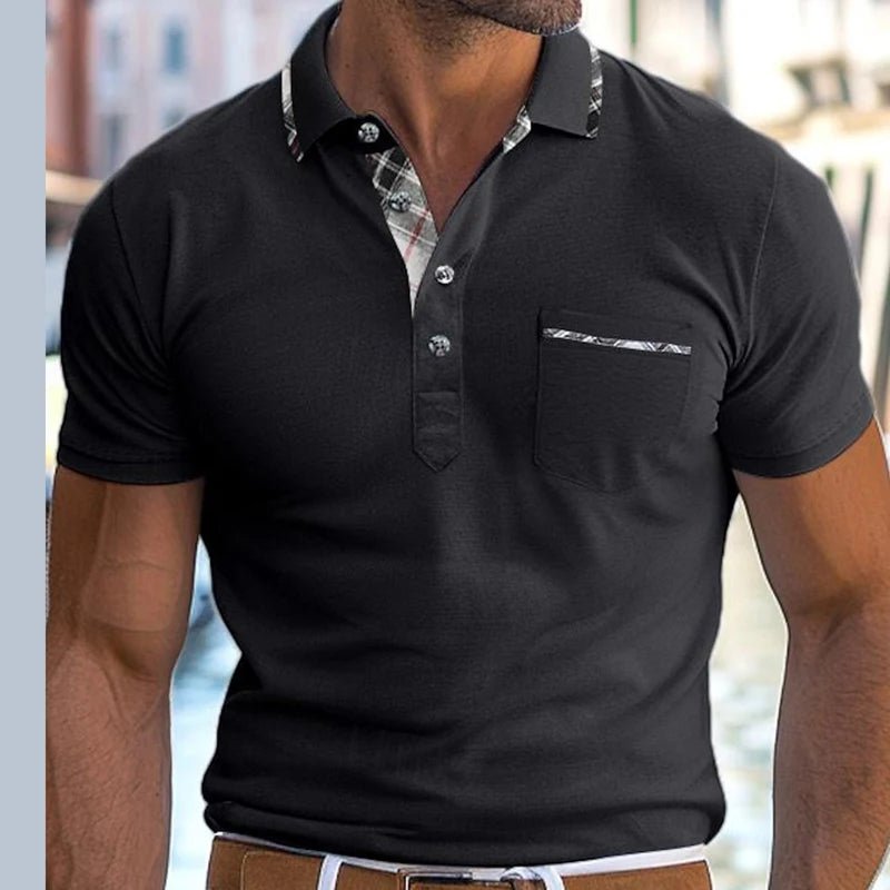 Men s Casual Short Sleeve Shirt Regular Fit Plaid Trim Half Button - up Lapel Neck Top Summer Clothing Collection - Clothesfassion.store
