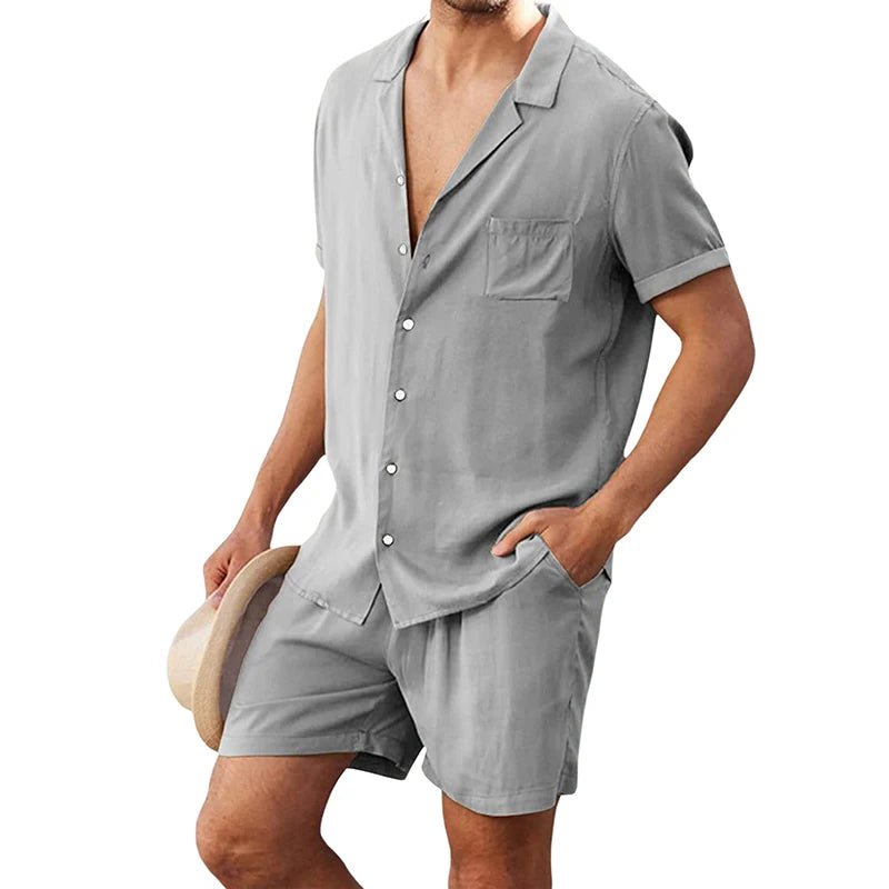 Men s Casual Two Piece Linen Outfit with Short Sleeve Button - up Shirt and Elastic Waist Shorts in Solid Color - Clothesfassion.store