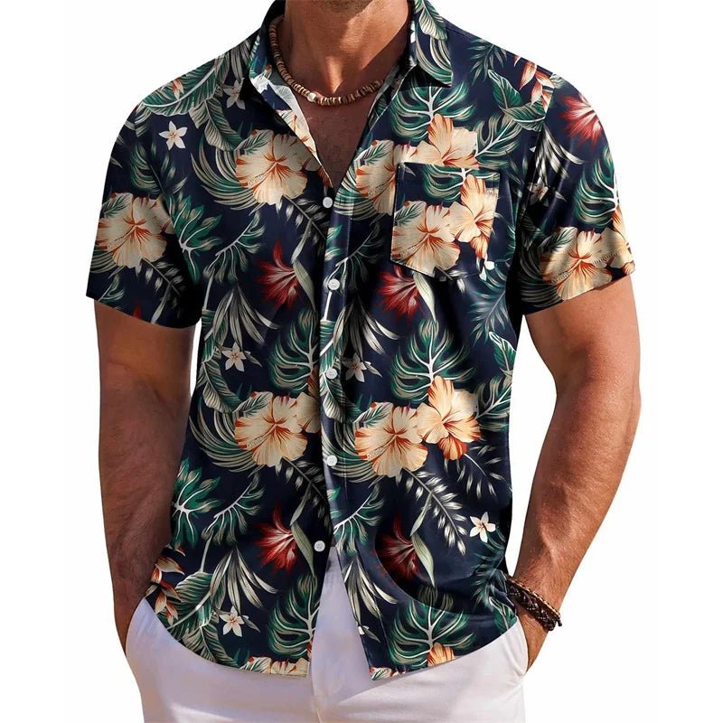 Men s Floral Print Short Sleeve Button Down Shirt with Chest Pocket for Casual Wear and Summer Outings Perfect for Beach and - Clothesfassion.store