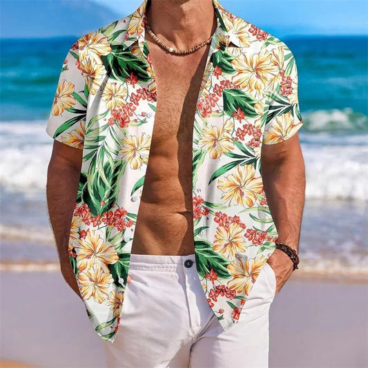 Men s Floral Print Short Sleeve Button Down Shirt with Chest Pocket for Casual Wear and Summer Outings Perfect for Beach and - Clothesfassion.store