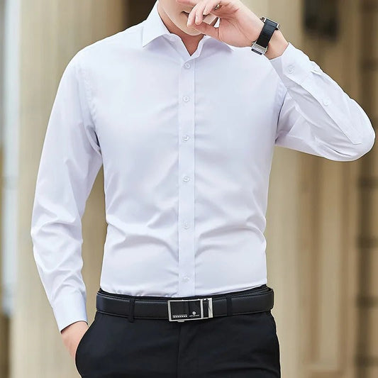 New Plus Size Men Solid Color Business Shirt Fashion Classic Basic Casual Slim White Long Sleeve Shirt Brand Clothes - Clothesfassion.store