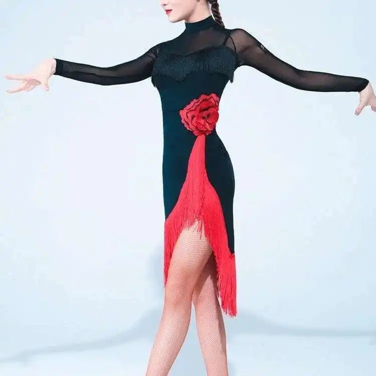 New Women Dresses Big Red Flower Tassel Dance Skirt Latin Dancing Long Sleeve Dress Latina Black Sexy Girls Adult Costume Rumba - Clothesfassion.store