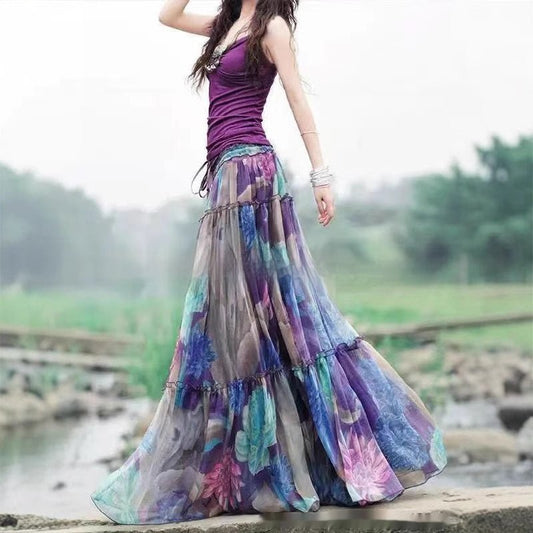 Printed Elastic Waist Slimming Large Hem Skirt - Clothesfassion.store