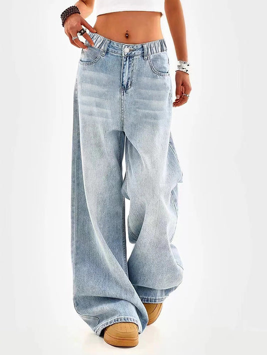 Retro washed blue loose wide - leg straight pants for middle and large children and girls, casual, simple and versatile long jeans - Clothesfassion.store