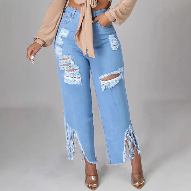 Solid Color Distressed Washed Denim Jeans - Clothesfassion.store