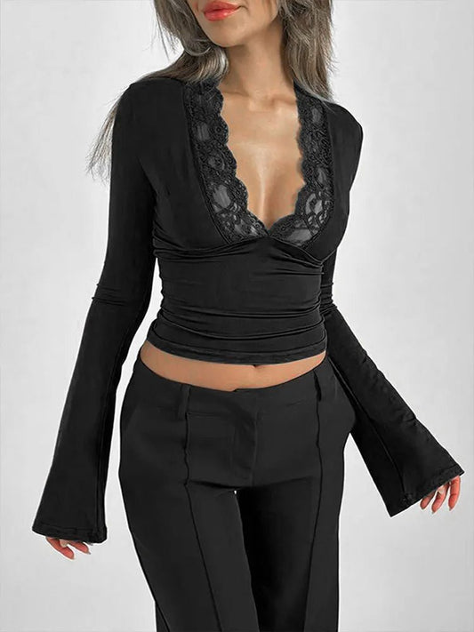 Spring New Women T-shirt Streetwear Fashion Long Sleeves Casual Slim Tees Black Sexy Lace Deep V - neck Elegant Lady Tees Clothing - Clothesfassion.store