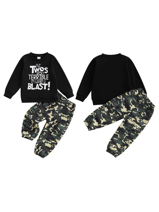 Toddler Boy Autumn Birthday Set with Letter Print Sweatshirt and Camo Pants Long Sleeve Outfit for Fall Celebration - Clothesfassion.store