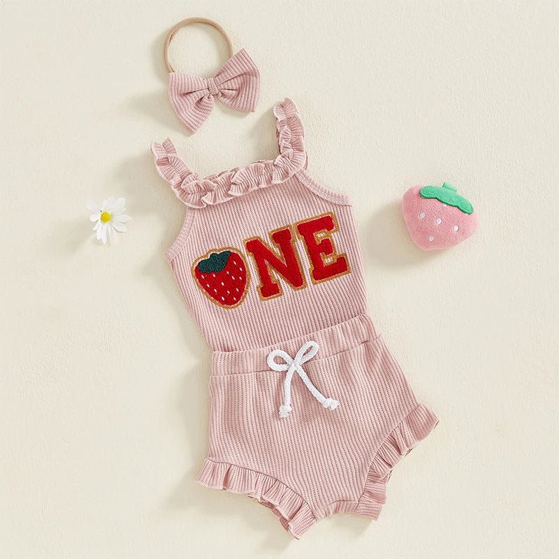 Toddler Girl Summer Outfits Watermelon Print Ruffle Sleeveless Romper Shorts Headband 3Pcs Clothing Set for Birthday Party - Clothesfassion.store