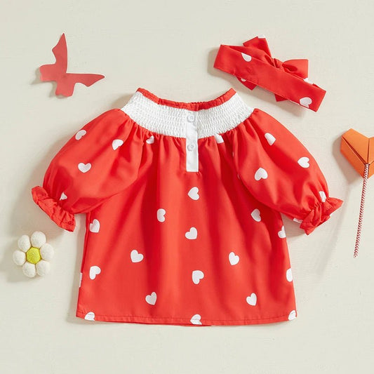 Toddler Girl Valentine’s Day Outfit Long Sleeve Round Neck Heart Print Dress with Matching Headband and Tights Set - Clothesfassion.store