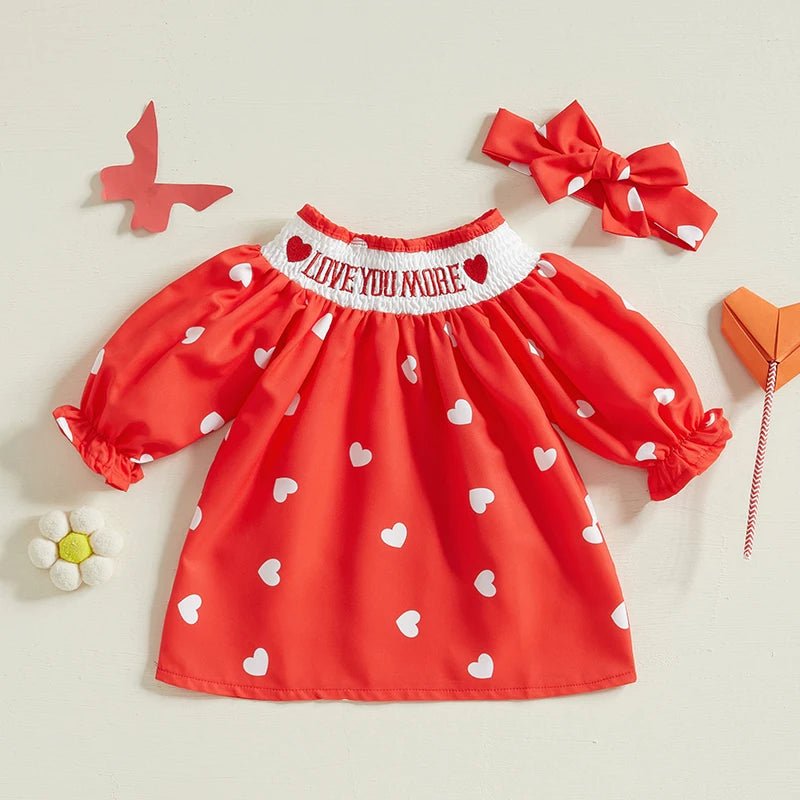 Toddler Girl Valentine’s Day Outfit Long Sleeve Round Neck Heart Print Dress with Matching Headband and Tights Set - Clothesfassion.store