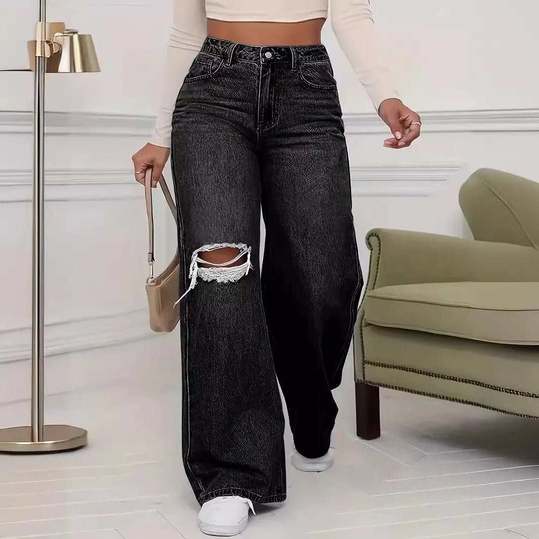 Washed Personality Hole Loose High Waist Denim Wide - leg Pants,Women's Four Seasons New Classic Fashion Casual Floor - length Jeans - Clothesfassion.store