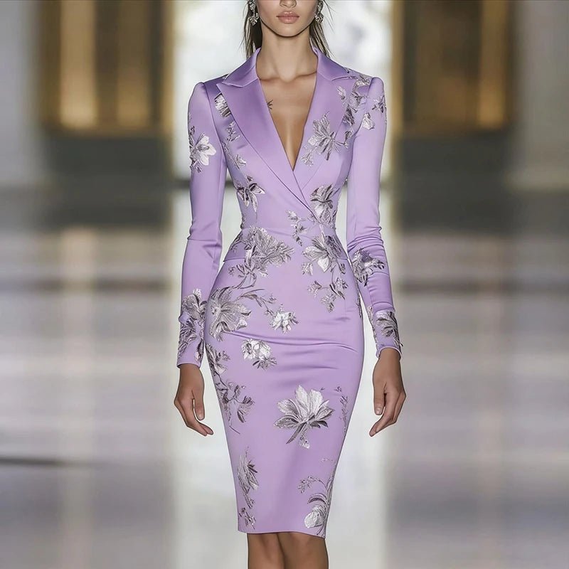 Woman Clothes Dresses 2025 Spring Floral Print Bodycon Elegant Evening Dress Autumn Long Sleeve Turn - down Collar Commute Dresses - Clothesfassion.store