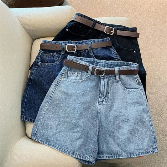 Women High Waist Denim Shorts Summer Chic Streetwear Female Casual Wide Leg Short Pants Solid Color Lady Loose Straight Shorts - Clothesfassion.store