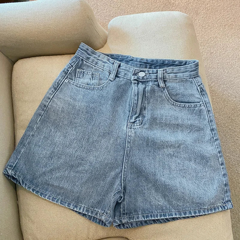 Women High Waist Denim Shorts Summer Chic Streetwear Female Casual Wide Leg Short Pants Solid Color Lady Loose Straight Shorts - Clothesfassion.store