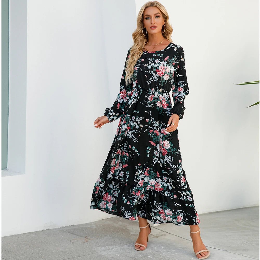 Women Maxi Dresses Sping Autumn Bohemian Casual Full Sleeve High Waist Beach Woman Chiffon Dresses Floral Vestidoes Long Dress - Clothesfassion.store