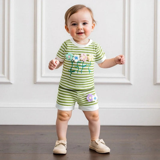 Women s Casual Summer Outfits Short Sleeve Round Neck Floral Embroidered Striped Blouse and Drawstring Shorts Matching Set - Clothesfassion.store