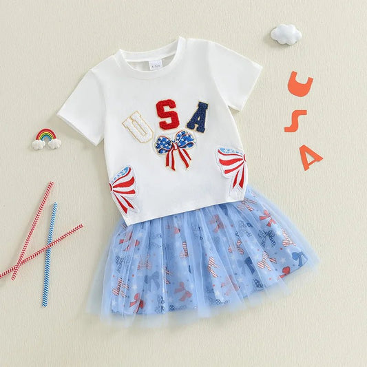 Women s Independence Day Clothing Short Sleeve Round Neck Bow Letter Embroidery Blouse A - line Tulle Skirt Ensemble - Clothesfassion.store